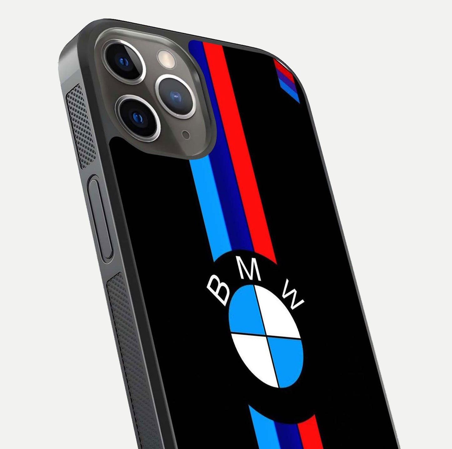 Turbo BMW Beast Glass Case for iPhone 13 Pro close-up angled shot highlighting car detailing and reflection