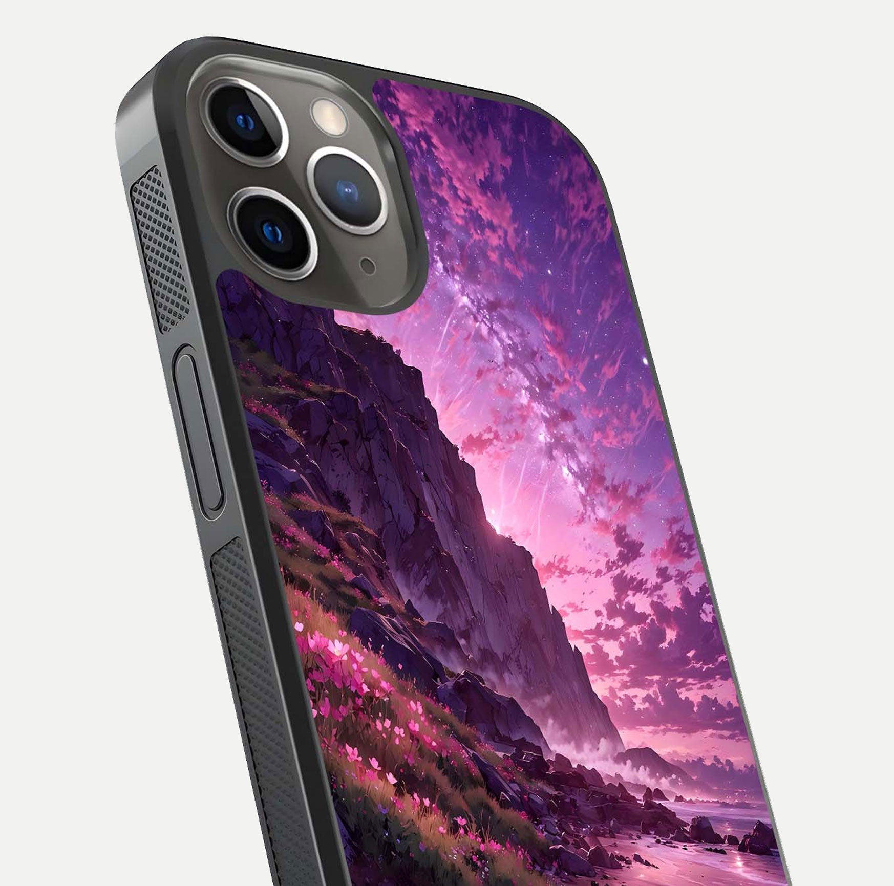 Twilight Blossom Coast Glass Case for iPhone 13 Pro close-up angled shot highlighting gradient sky and reflection