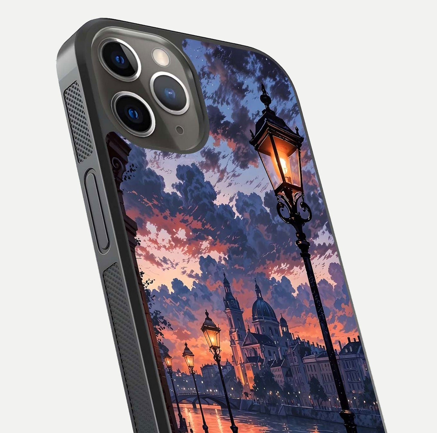 Twilight River Lights Glass Case for iPhone 13 Pro close-up angled shot highlighting river reflections and color tones
