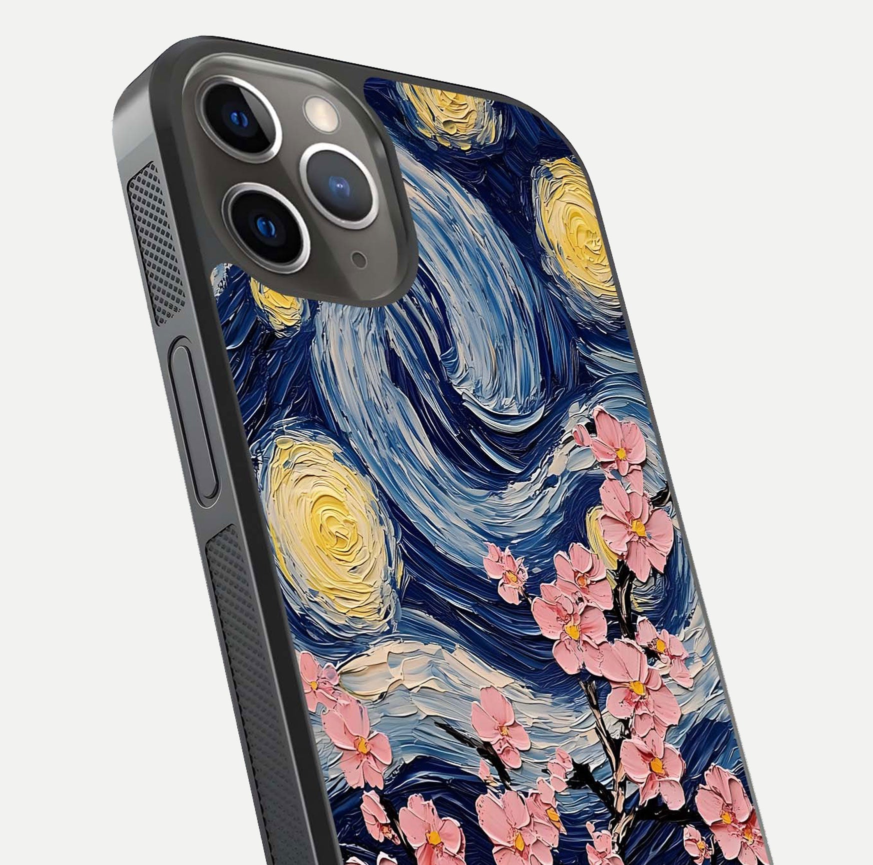 Van Gogh Scenery Glass Case for iPhone 13 Pro close-up angled shot highlighting brushwork texture and color depth