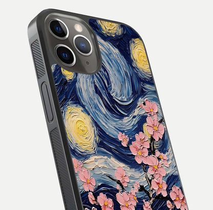 Van Gogh Scenery Glass Case for iPhone 13 Pro close-up angled shot highlighting brushwork texture and color depth