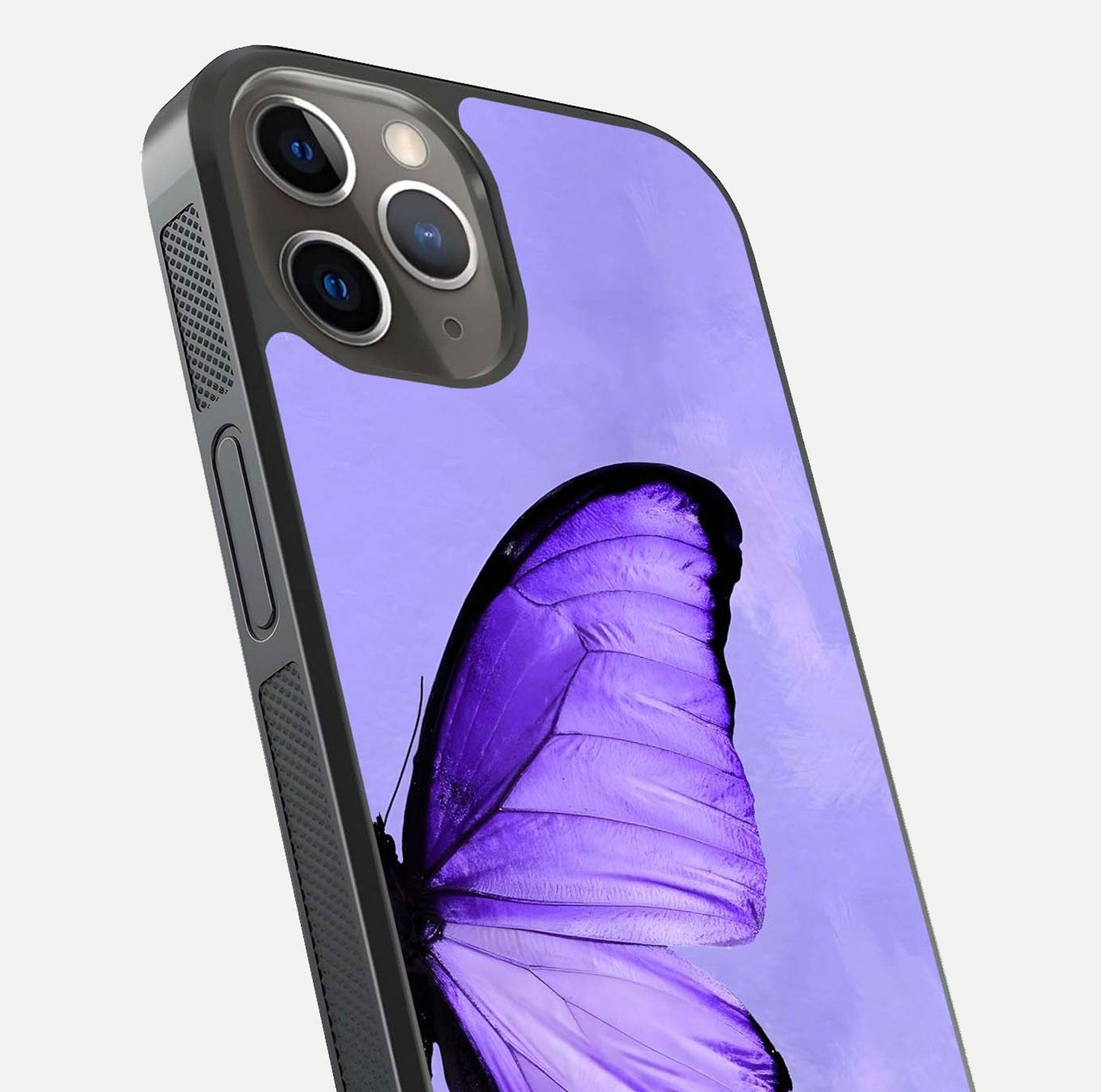 Violet Dream Wing Glass Case for iPhone 13 Pro close-up angled shot highlighting wing texture and reflection