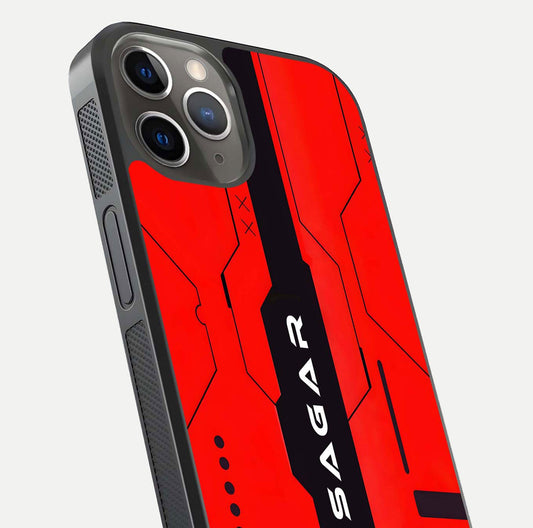 Voltage Rise CYBERPUNK Custom Name Glass Case for iPhone 13 Pro close-up angled shot highlighting neon glow and reflection