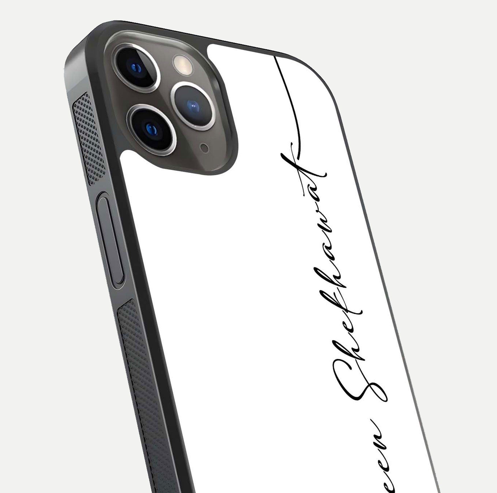 White Tune Custom Name Glass Case for iPhone 13 Pro close-up angled shot highlighting gloss reflection and texture