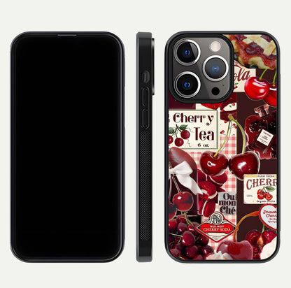 Aesthetic Cherry Tea Glass Case for iPhone 16 Pro front and back view layout showing black front display and artistic cherry-themed glass back