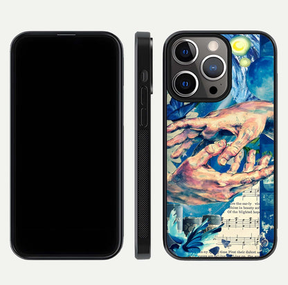 Aesthetic Divider Glass Case for iPhone 16 Pro front and back view layout showing black front display and minimal divider glass back