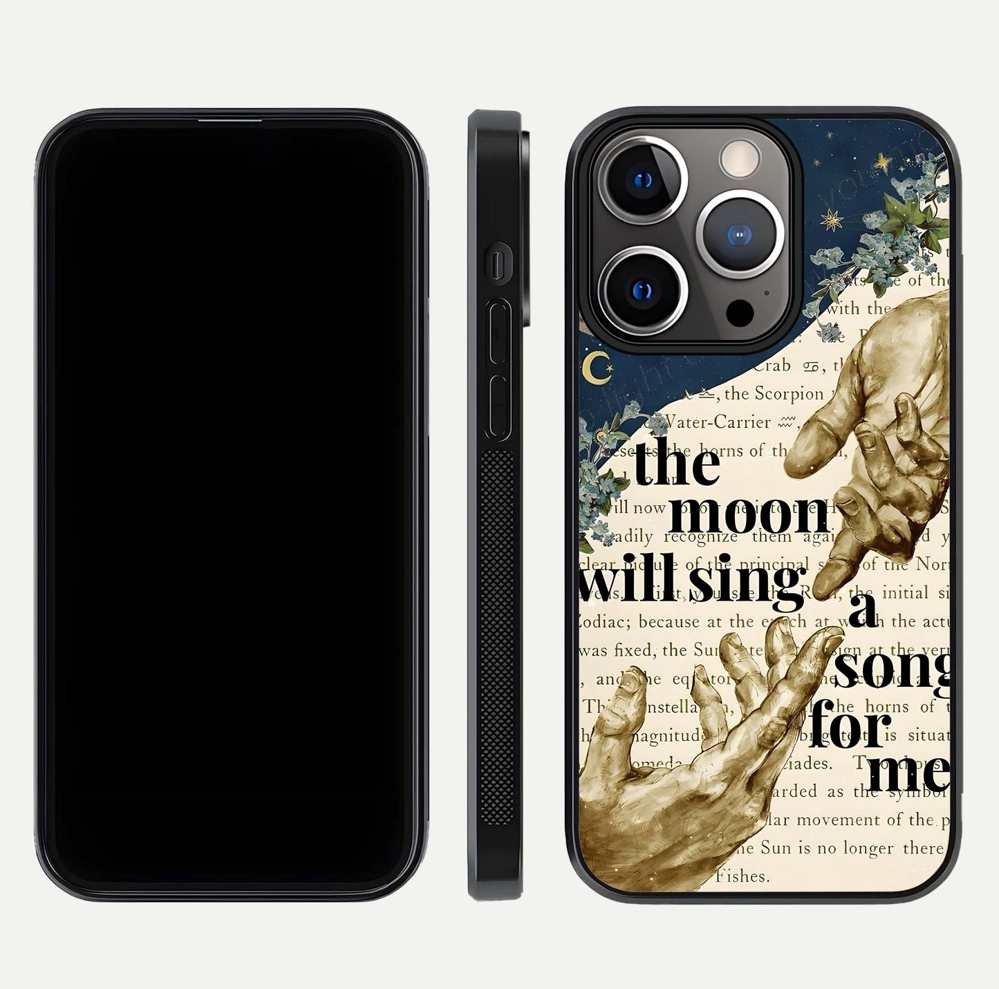 Aesthetic Divine Glass Case for iPhone 16 Pro front and back view layout showing black front display and divine art glass back