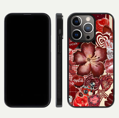 Aesthetic Little Freak Glass Case for iPhone 16 Pro front and back view layout showing black front display and trendy collage glass back