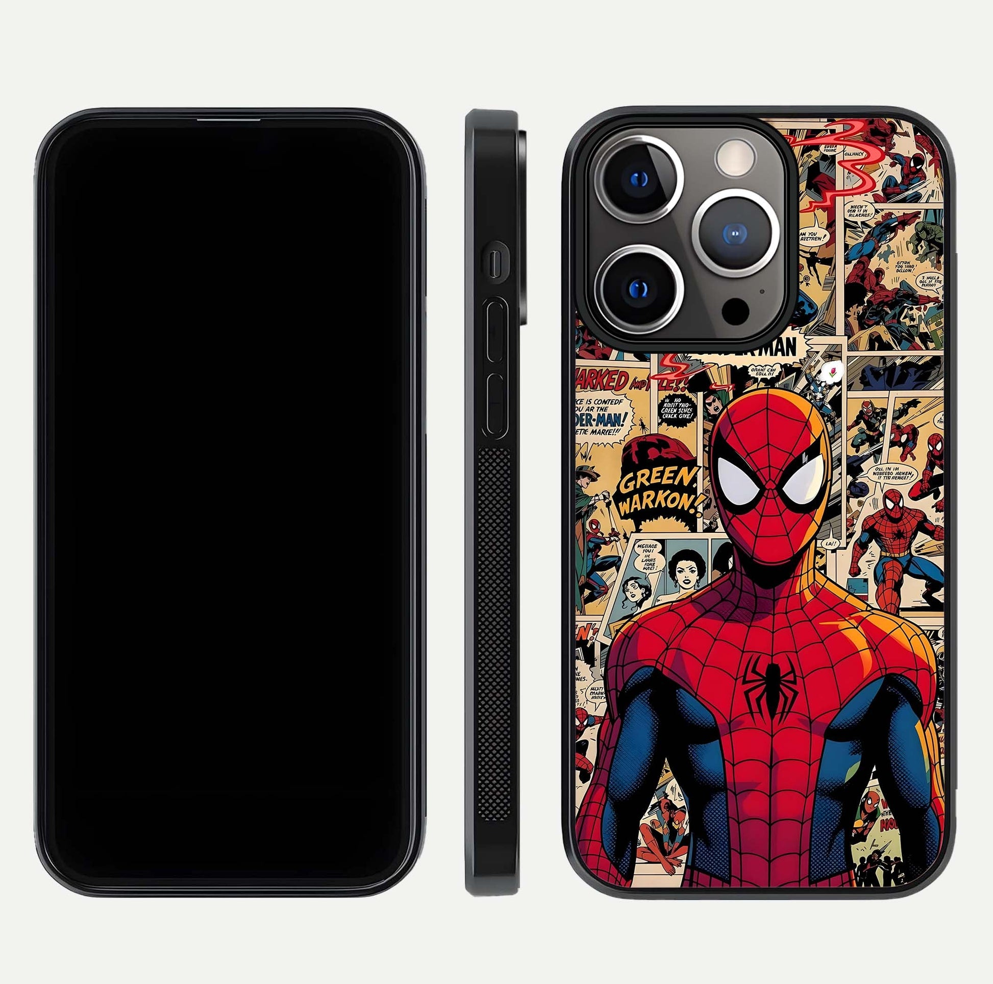 Aesthetic Spider Man Glass Case for iPhone 16 Pro front and back view layout showing black front display and Spider-Man art glass back