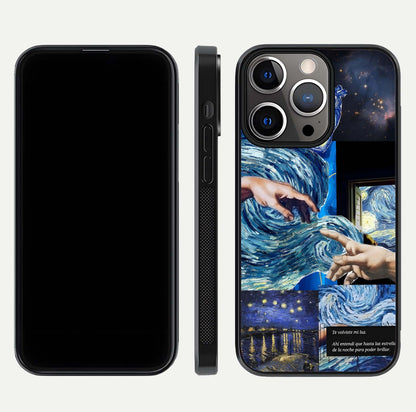 Aesthetic Vando Hands Glass Case for iPhone 16 Pro front and back layout highlighting camera cutout and premium glass shine