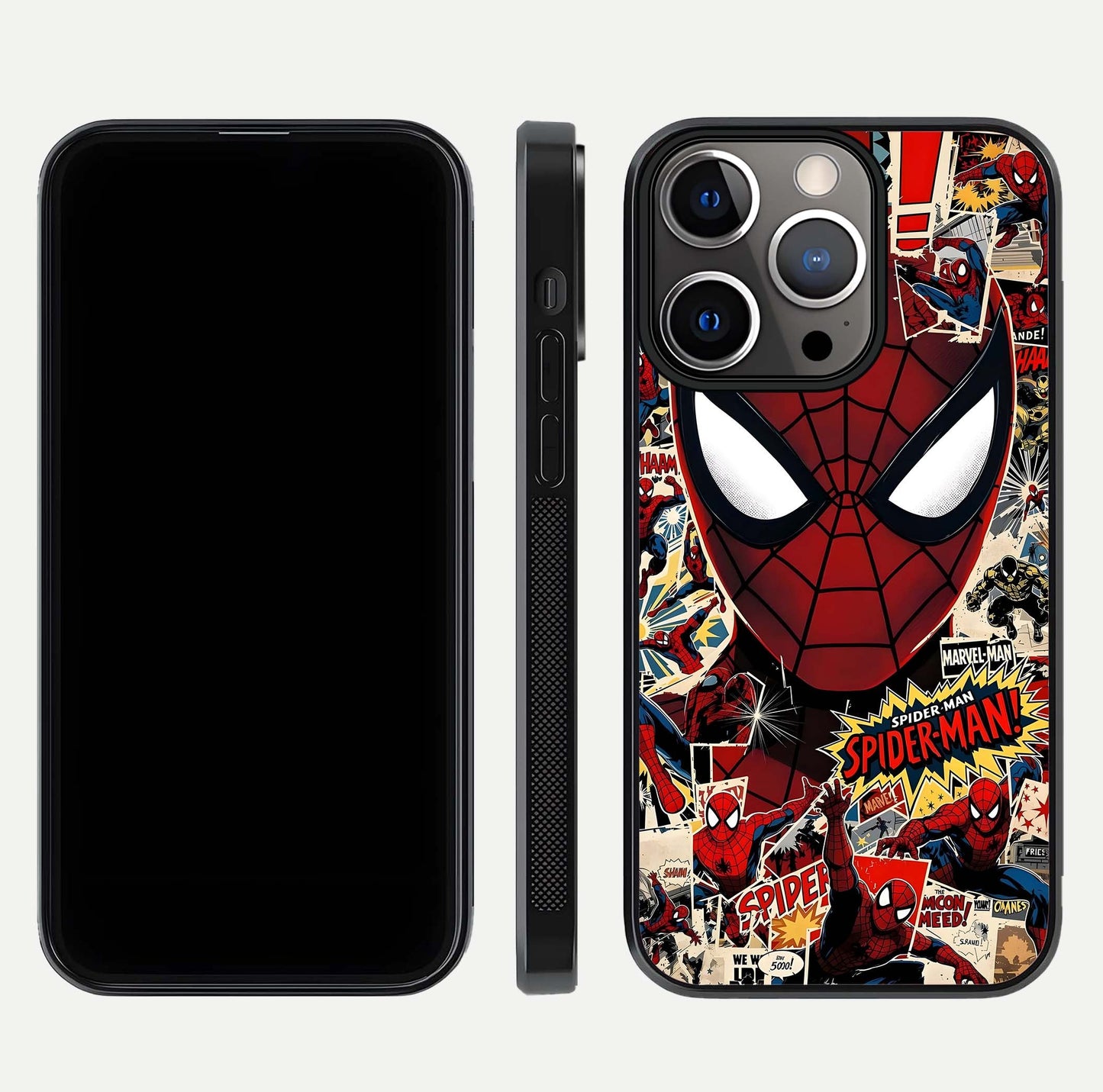 Aesthetic Wonder Spider Glass Case for iPhone 16 Pro dual-view layout showing premium glass shine and strong edge design