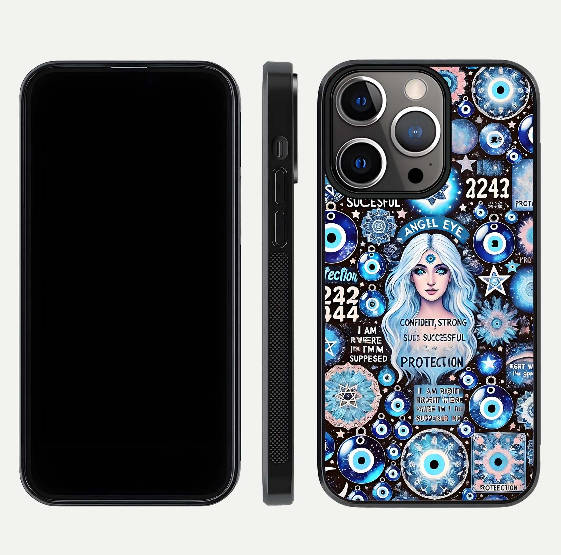 Angel Aura Shield Glass Case for iPhone 16 Pro front and back display highlighting glass clarity and spiritual design