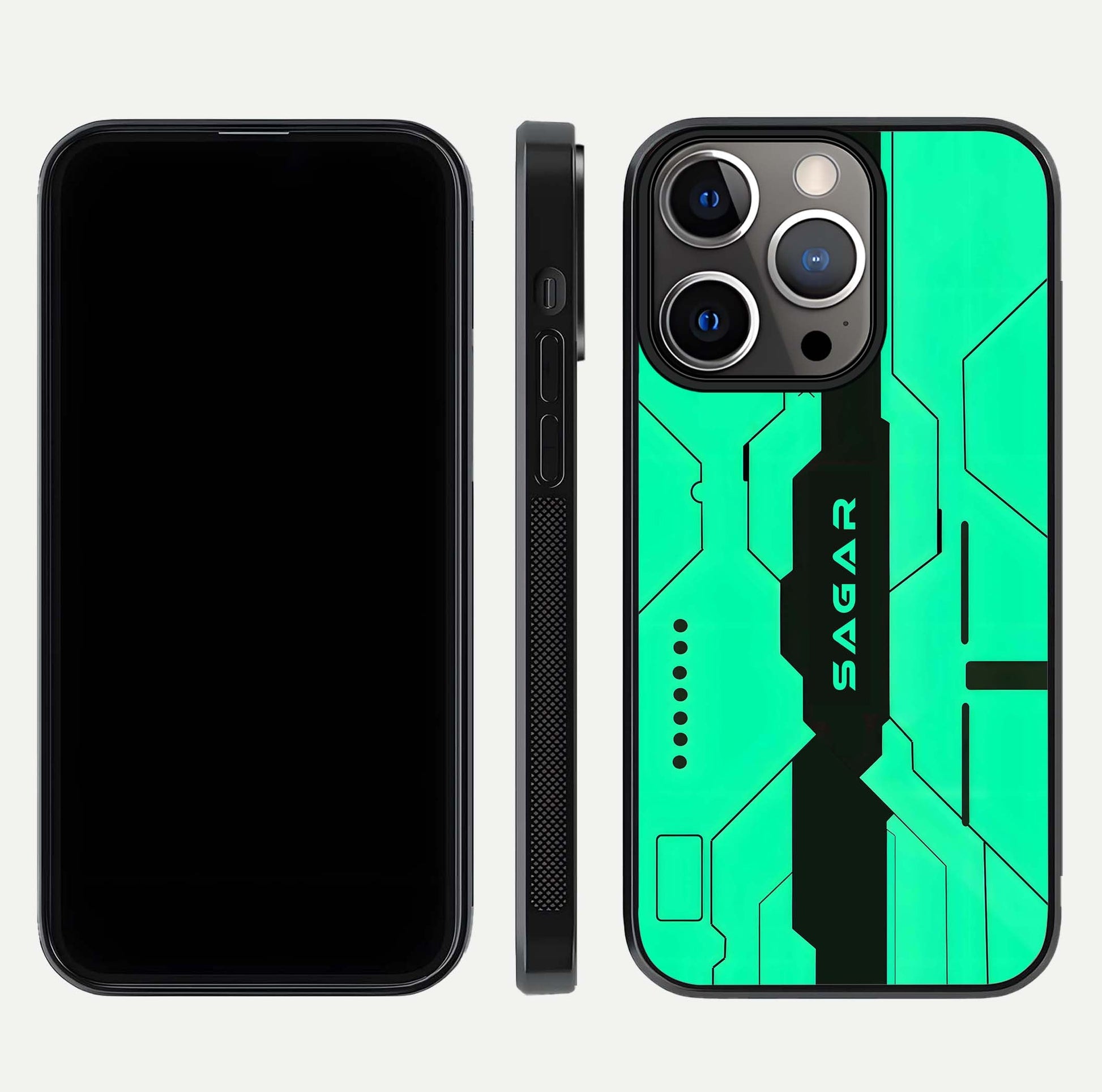 Aqua Tech CYBERPUNK Custom Name Glass Case for iPhone 13 Pro front and back display showing sleek tech pattern and shine