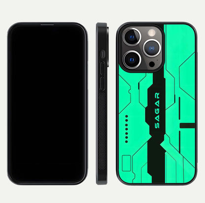 Aqua Tech CYBERPUNK Custom Name Glass Case for iPhone 13 Pro front and back display showing sleek tech pattern and shine