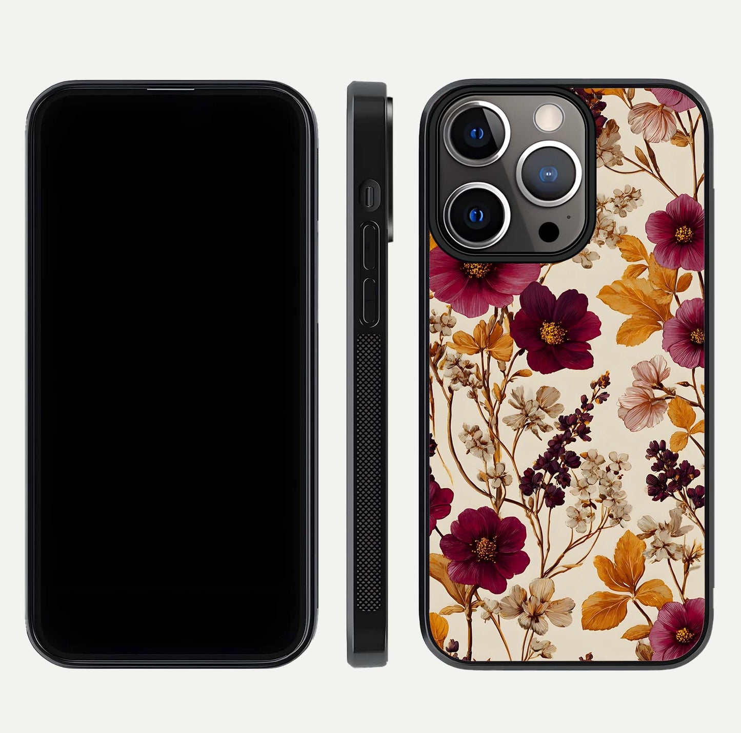 Autumn Wine Bloom Glass Case for iPhone 13 Pro front and back layout showing autumn print and HD glass clarity