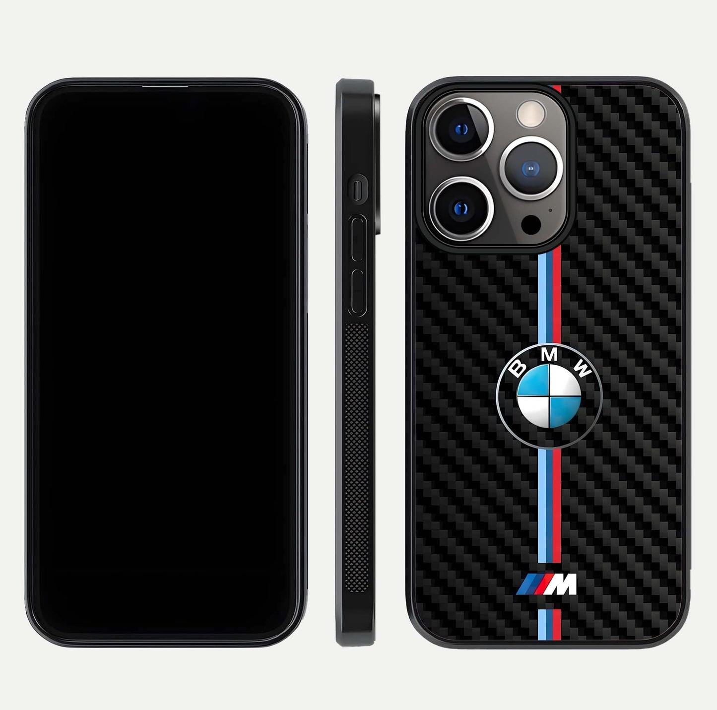 BMW Pattern Glass Case for iPhone 13 Pro front-and-back layout displaying car-themed art and premium glass gloss