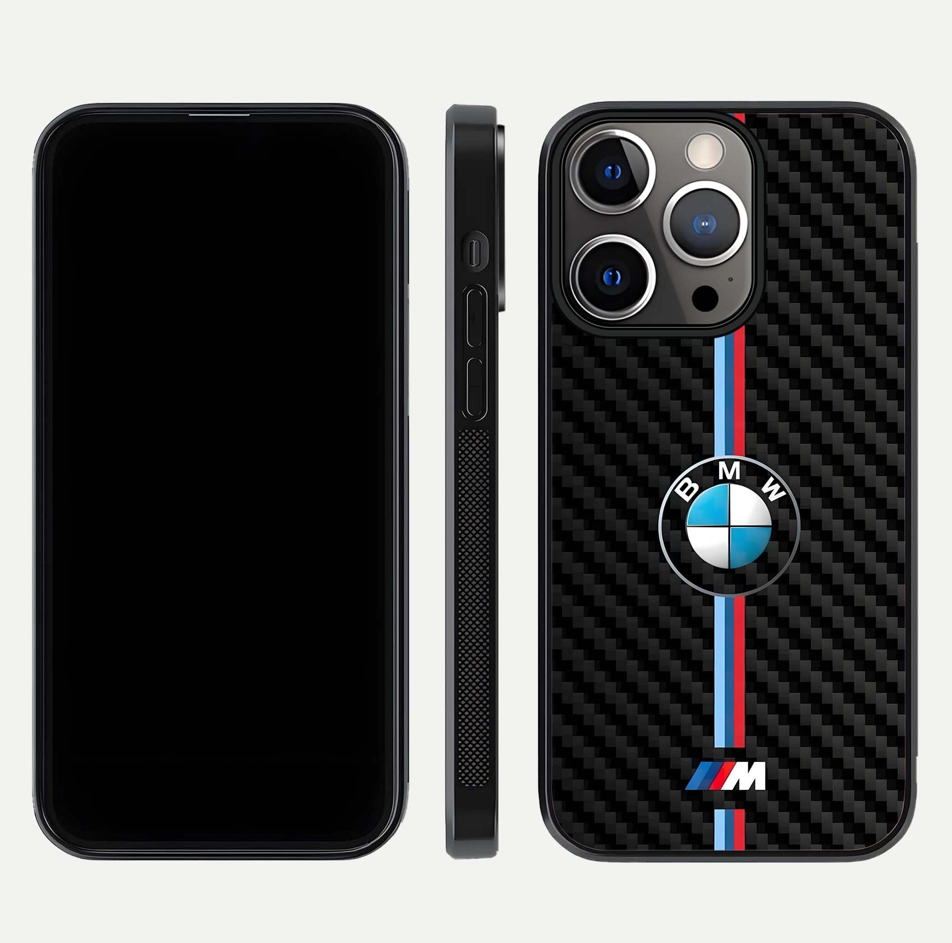 BMW Pattern Glass Case for iPhone 13 Pro front-and-back layout displaying car-themed art and premium glass gloss