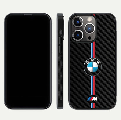 BMW Pattern Glass Case for iPhone 13 Pro front-and-back layout displaying car-themed art and premium glass gloss