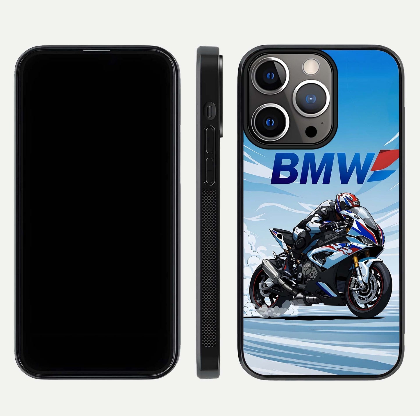 BMW Power Drift Glass Case for iPhone 13 Pro dual-view layout showing energy pattern and edge clarity