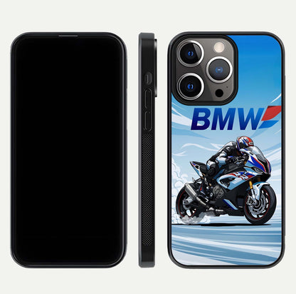 BMW Power Drift Glass Case for iPhone 13 Pro dual-view layout showing energy pattern and edge clarity