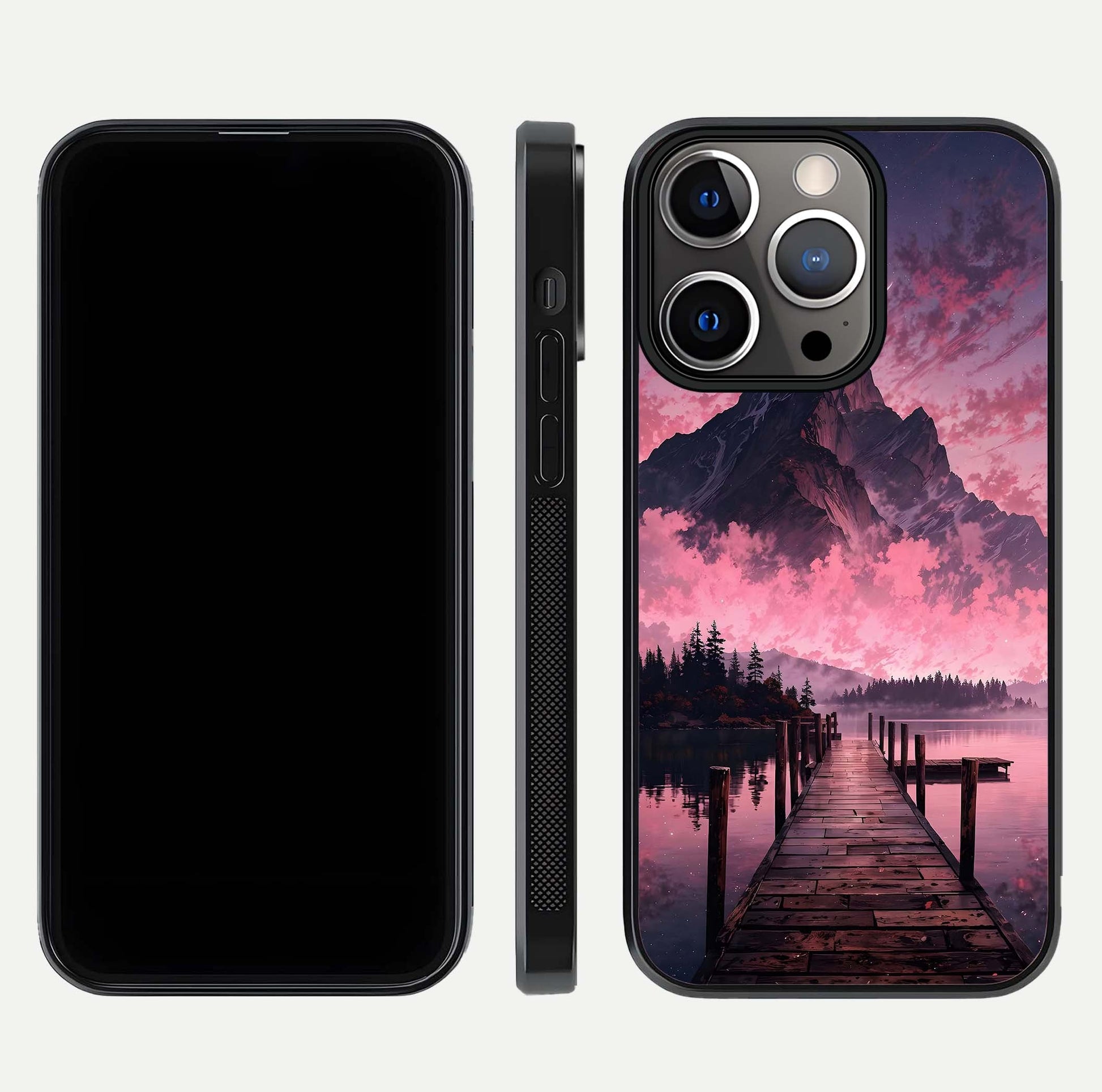 Beautyful Mountain View Glass Case for iPhone 13 Pro front and back layout showcasing natural tones and clarity