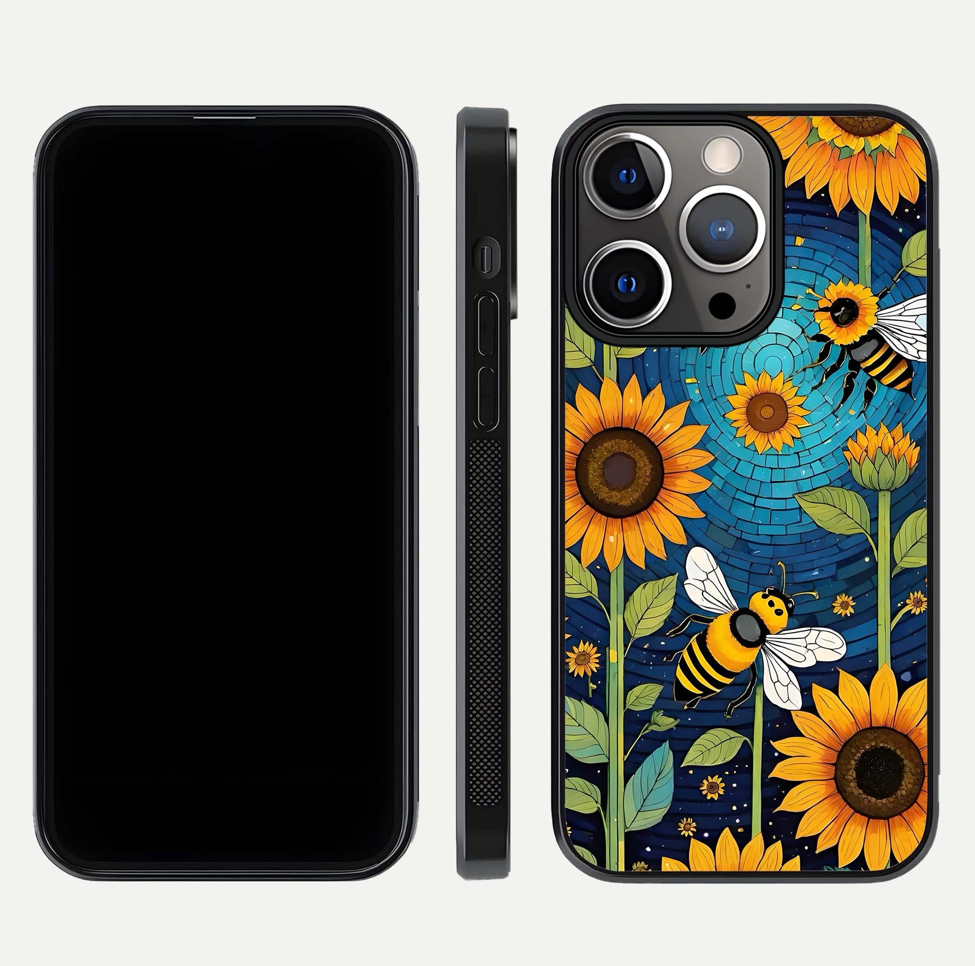 Bees & Sunflowers Glass Case for iPhone 13 Pro front-and-back layout highlighting nature-inspired artwork and protective edge