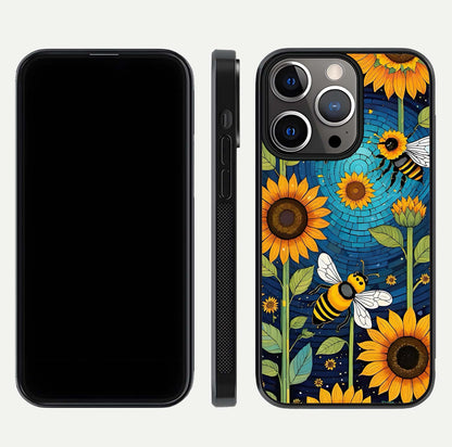 Bees & Sunflowers Glass Case for iPhone 13 Pro front-and-back layout highlighting nature-inspired artwork and protective edge