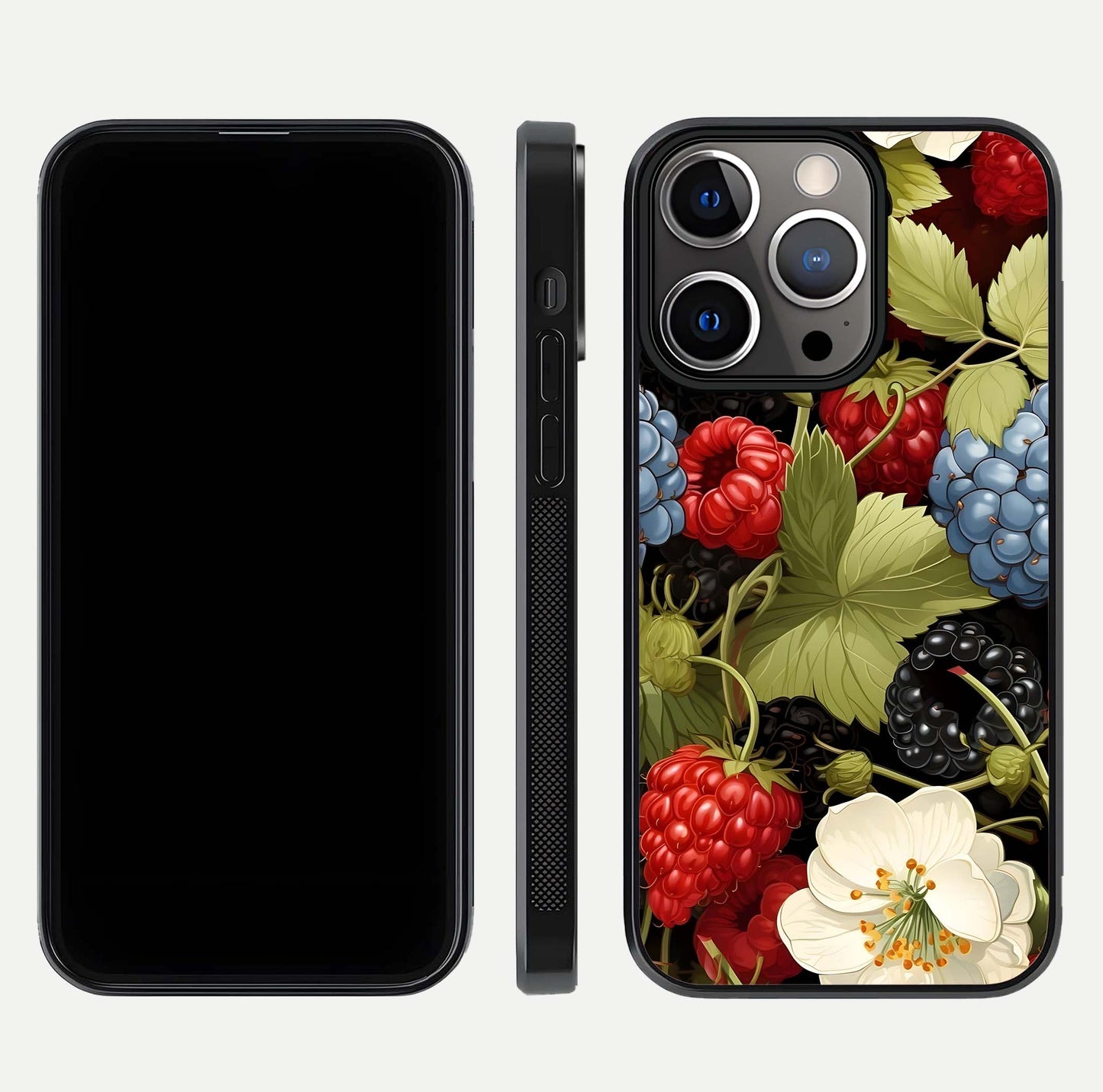 Berry Bloom Charm Glass Case for iPhone 13 Pro front-and-back layout showing floral pattern continuity and smooth glass shine