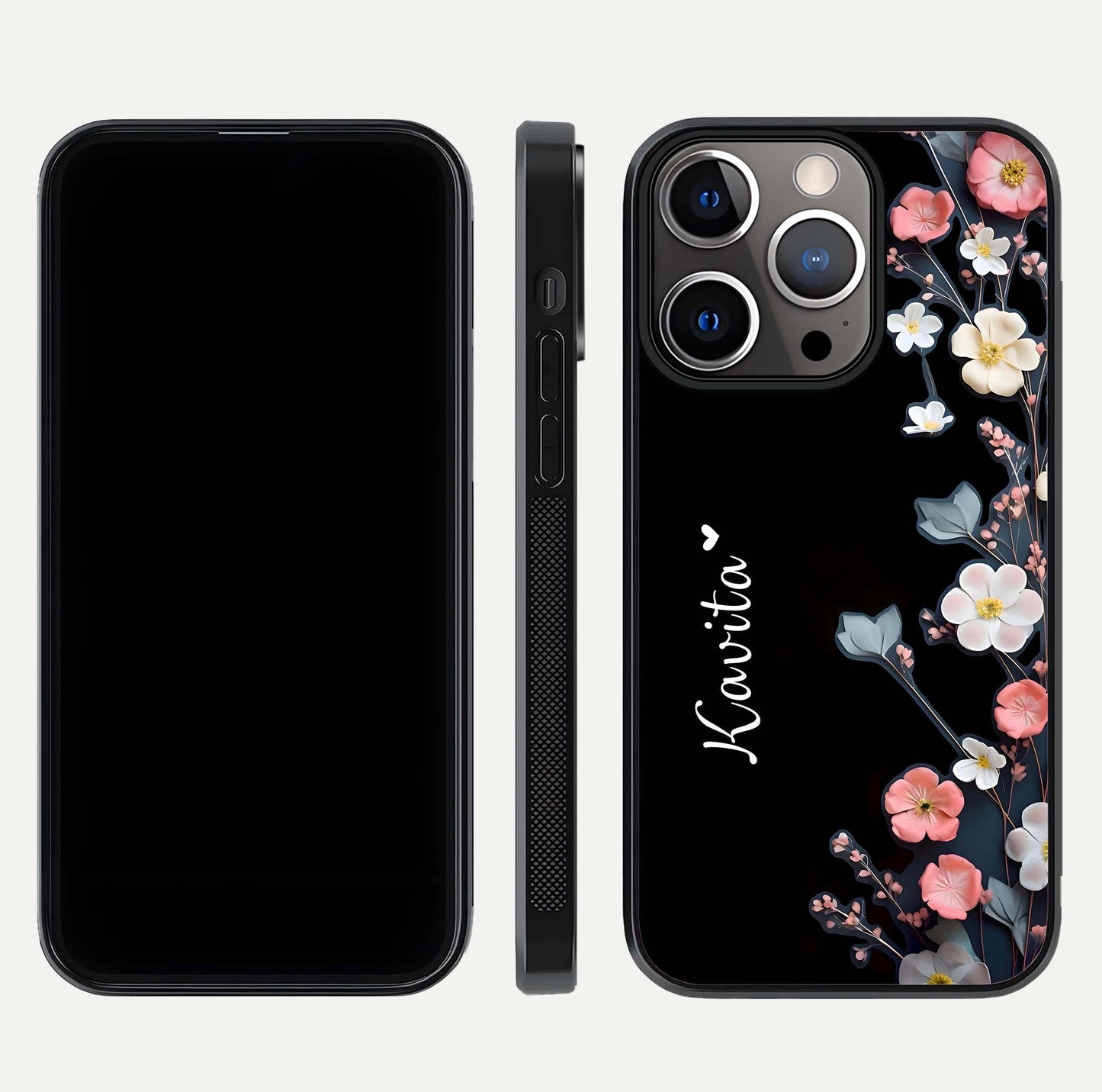 Black Elegance Floral Custom Name Glass Case for iPhone 13 Pro dual-view layout displaying name placement and gloss finish