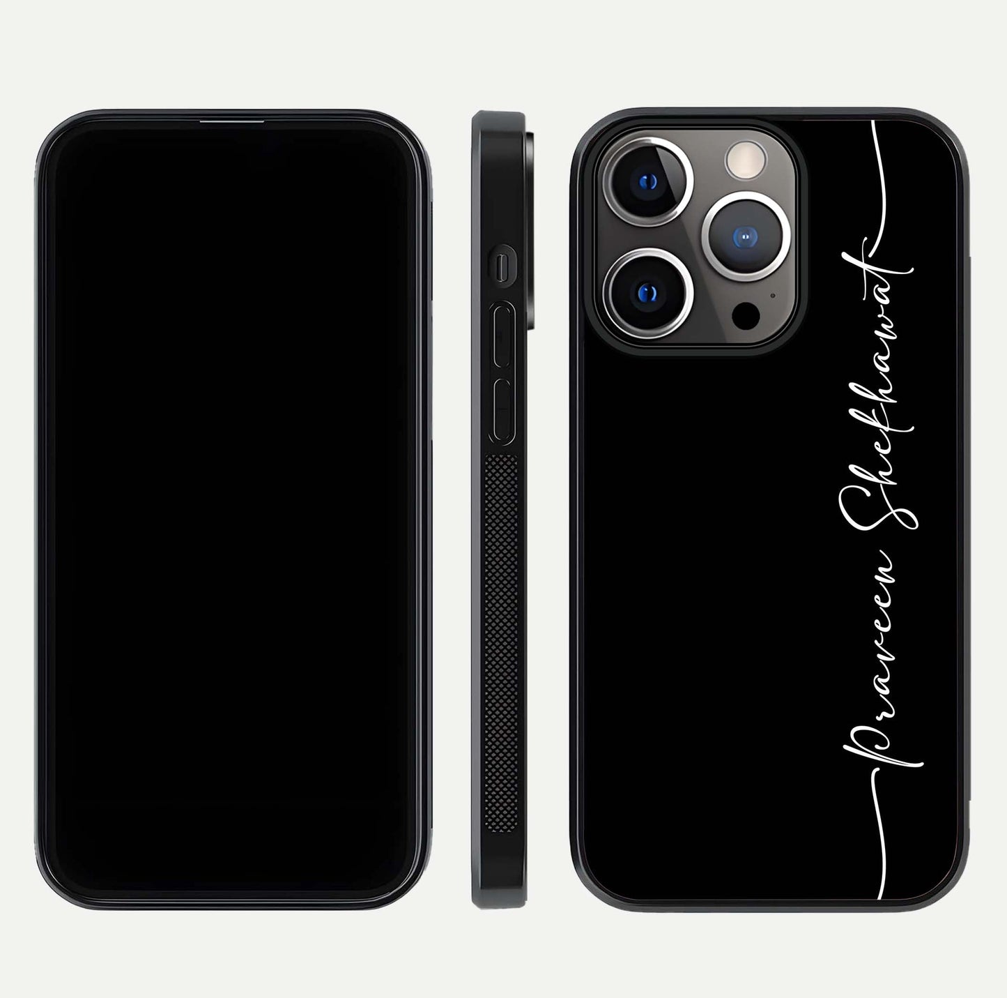 Black Tune Custom Name Glass Case for iPhone 13 Pro front-and-back layout showing personalized name zone and edges