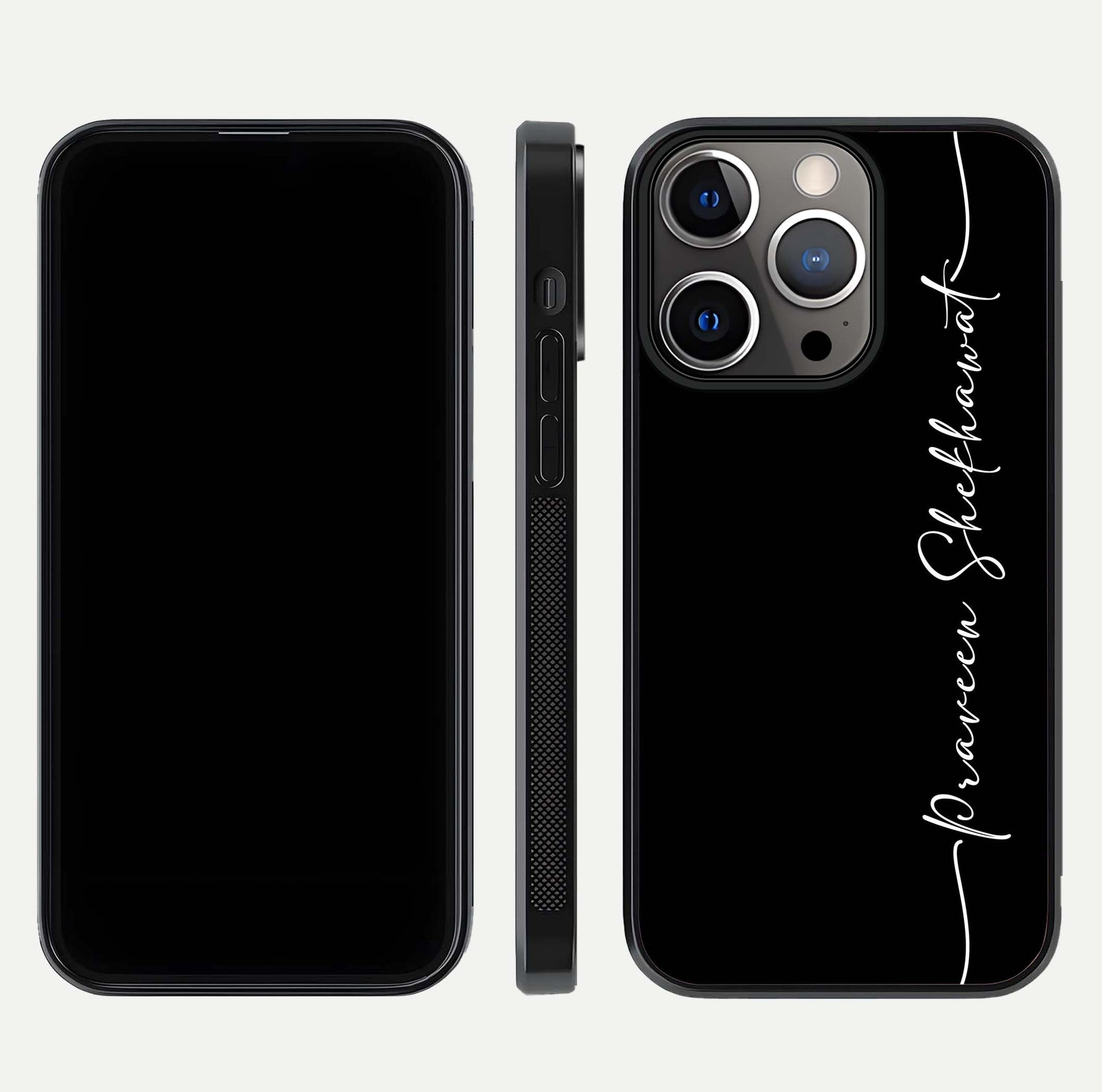 Black Tune Custom Name Glass Case for iPhone 13 Pro front-and-back layout showing personalized name zone and edges
