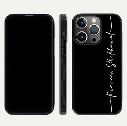 Black Tune Custom Name Glass Case for iPhone 13 Pro front-and-back layout showing personalized name zone and edges