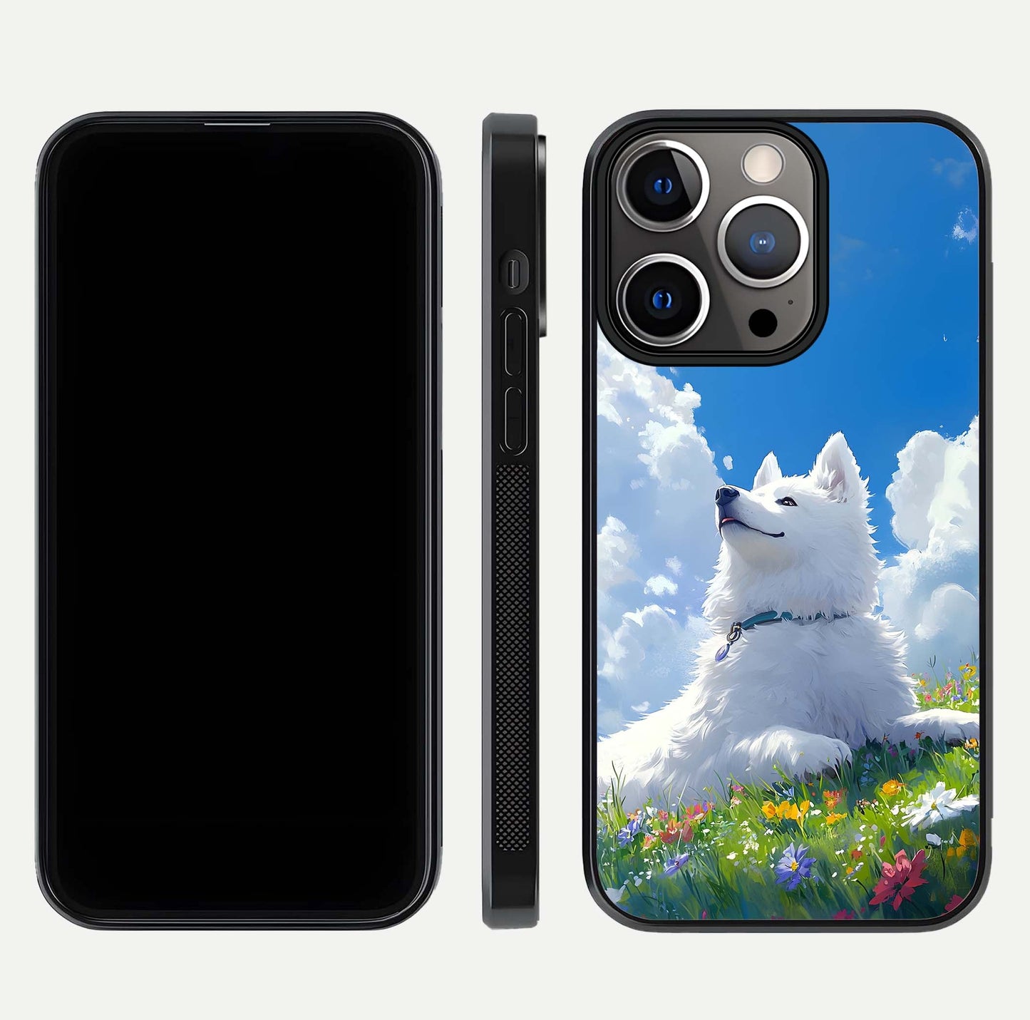 Blissful Cloud Pup Glass Case for iPhone 16 Pro front-and-back layout showing art alignment and edge design