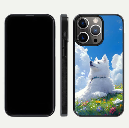 Blissful Cloud Pup Glass Case for iPhone 16 Pro front-and-back layout showing art alignment and edge design