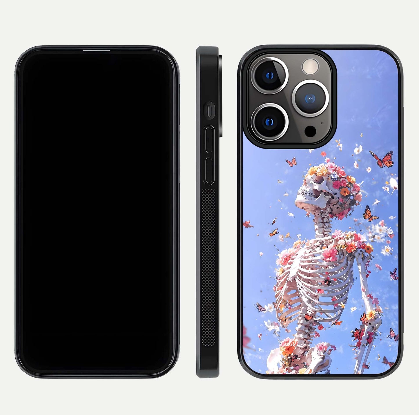 Bloom Beyond Bones Glass Case for iPhone 13 Pro dual-view layout showing creative aesthetic and edge design