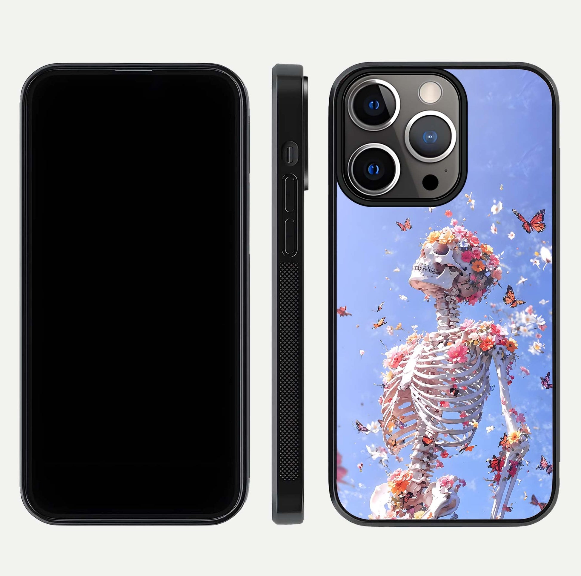 Bloom Beyond Bones Glass Case for iPhone 13 Pro dual-view layout showing creative aesthetic and edge design