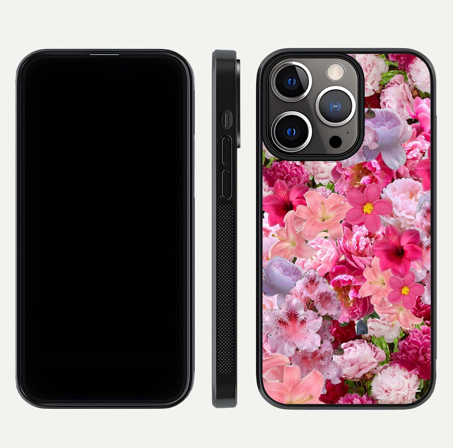 Bloom Crush Fantasy Glass Case for iPhone 13 Pro dual-view layout highlighting edges and premium shine