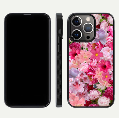 Bloom Crush Fantasy Glass Case for iPhone 13 Pro dual-view layout highlighting edges and premium shine
