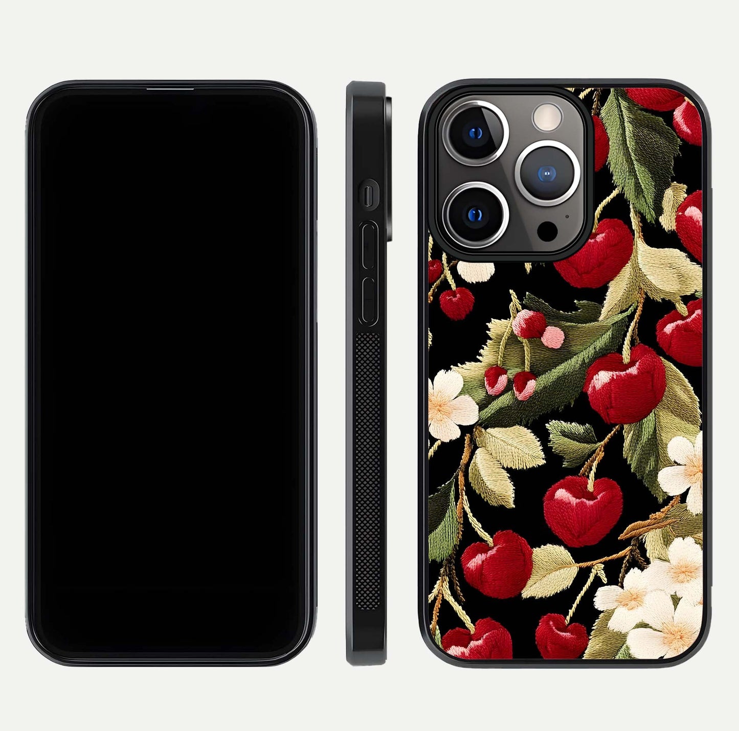 Bloom Thread Art Glass Case for iPhone 13 Pro front-and-back layout showing smooth edges and high-clarity print