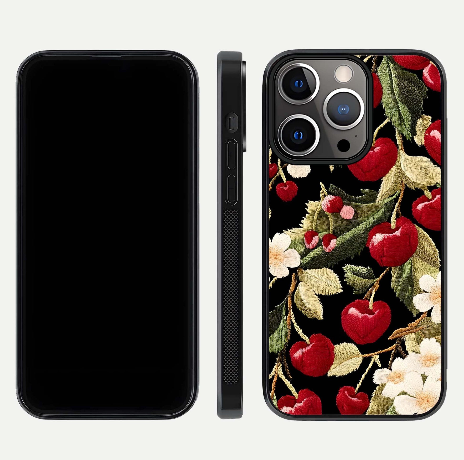 Bloom Thread Art Glass Case for iPhone 13 Pro front-and-back layout showing smooth edges and high-clarity print