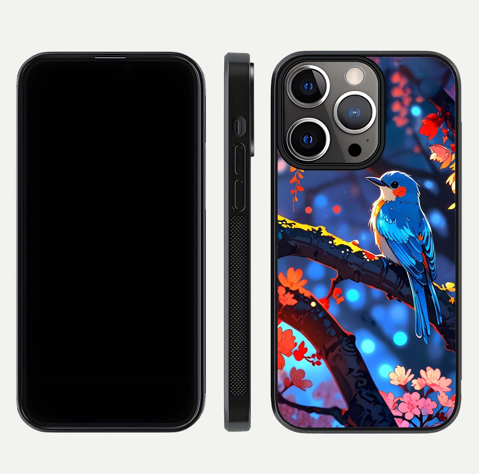 Blooming Spendor Bird Glass Case for iPhone 13 Pro front-and-back view showing nature print and protective edge