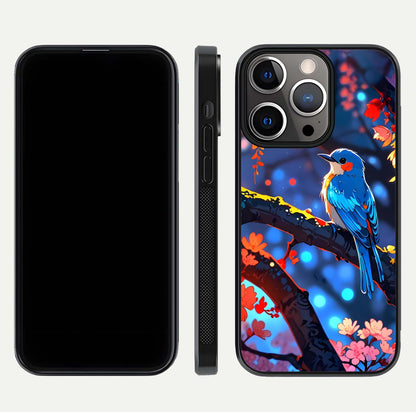 Blooming Spendor Bird Glass Case for iPhone 13 Pro front-and-back view showing nature print and protective edge