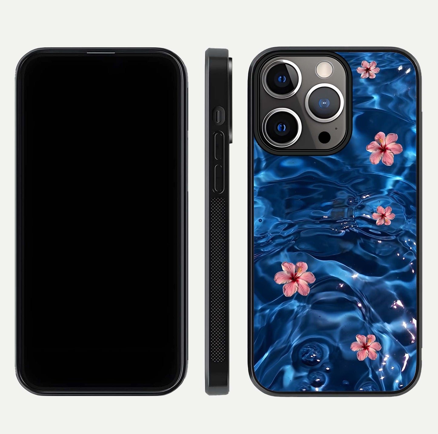 Blooming Water Drift Glass Case for iPhone 13 Pro front-and-back layout highlighting edge design and serene water bloom art