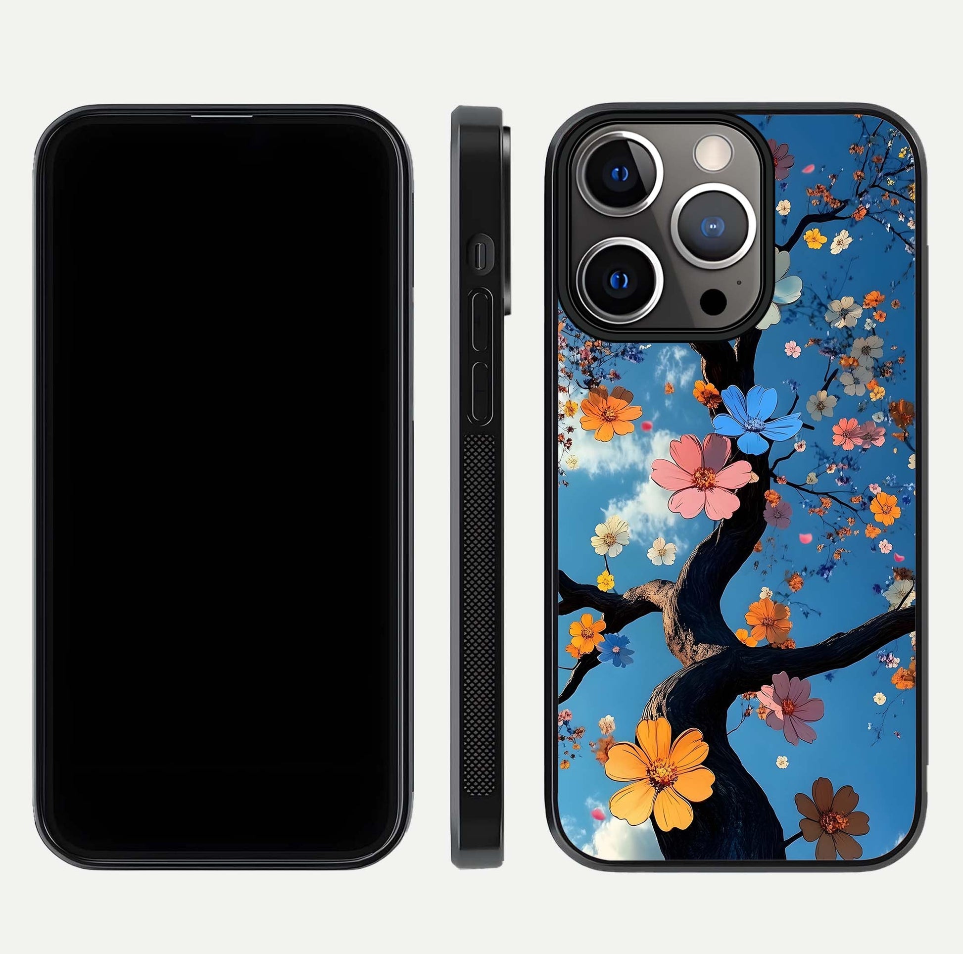 Blossom Dream Sky Glass Case for iPhone 13 Pro front-and-back layout showing floral print and premium edge gloss