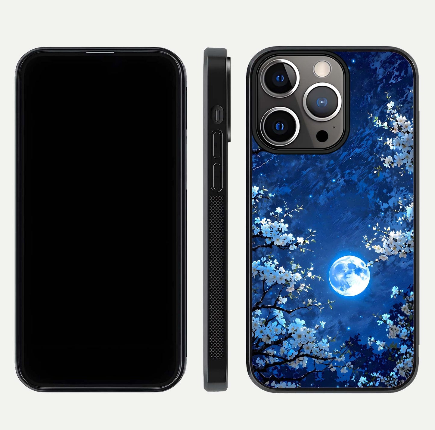 Blossom Moonlight Sky Glass Case for iPhone 13 Pro dual-view layout highlighting sky gradient and floral composition