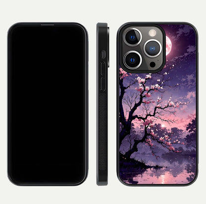 Blossom Pink Moon Glass Case for iPhone 13 Pro front-and-back layout showing minimal edges and artistic flower print