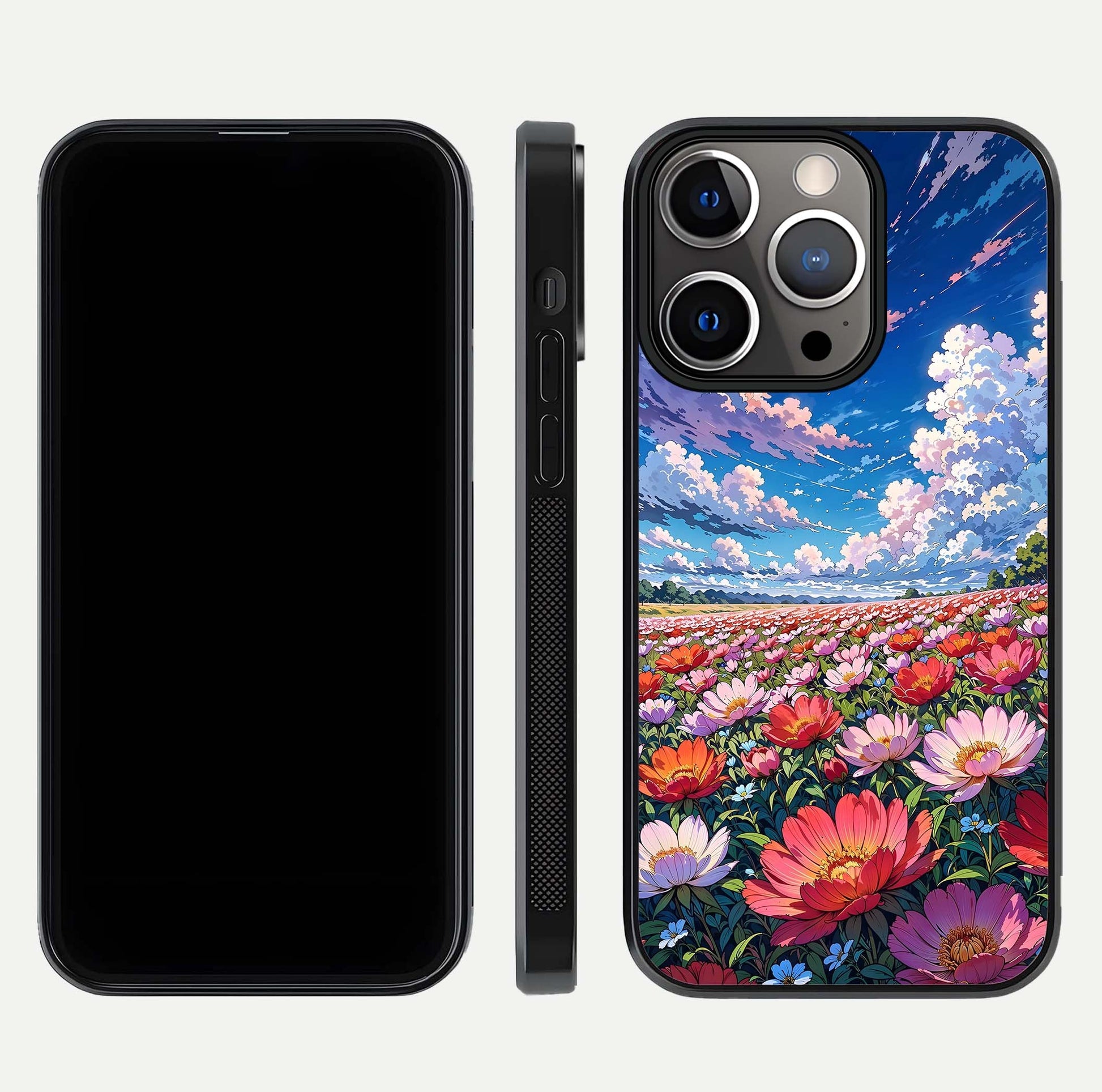Blossom Sky Field Glass Case for iPhone 13 Pro front-and-back layout highlighting design edges and gloss clarity
