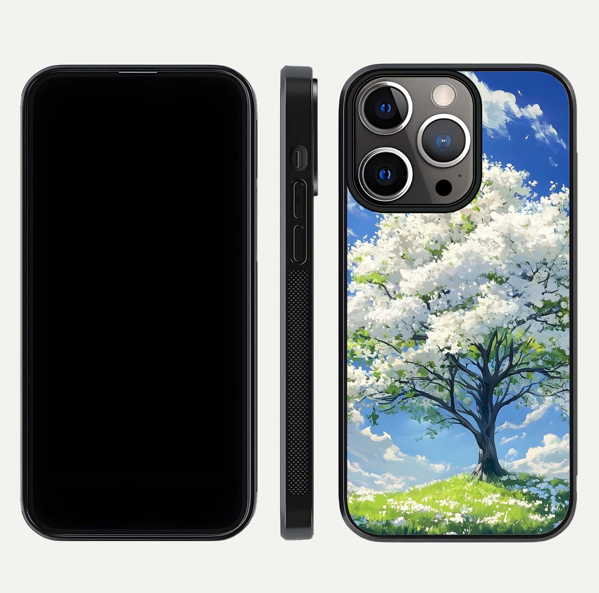Blossom Sky Serenity Glass Case for iPhone 13 Pro dual-view layout showing pastel hues and soft protective edges