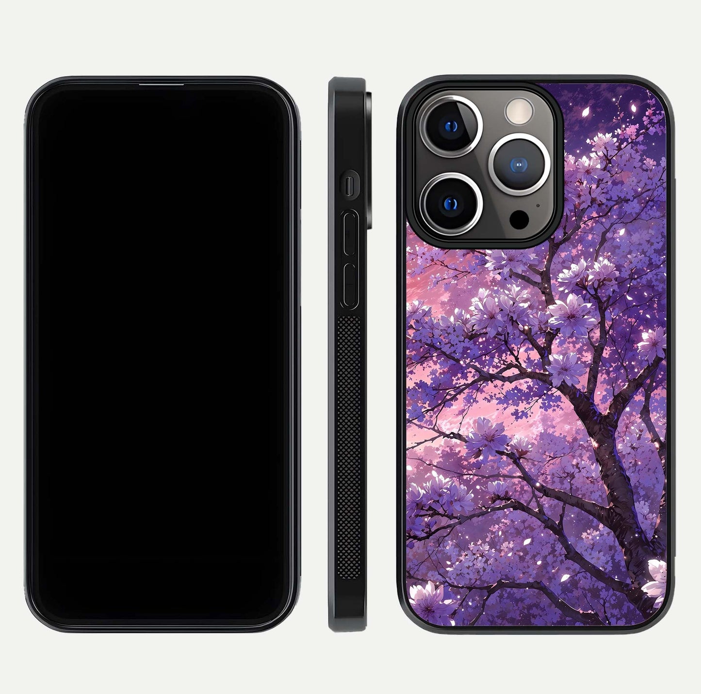 Blossom Tree Glass Case for iPhone 13 Pro front-and-back layout showing art alignment and gloss reflection