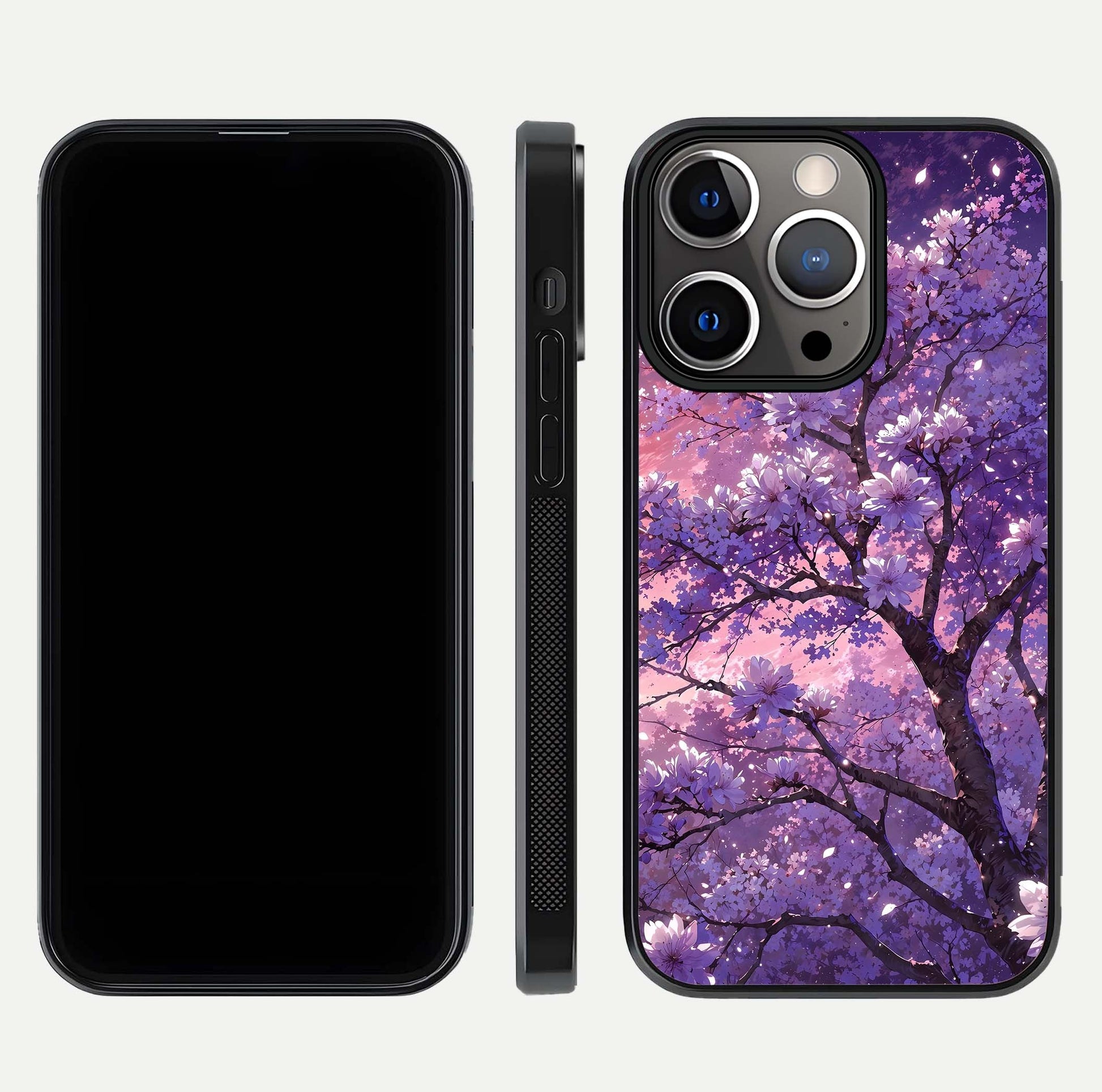 Blossom Tree Glass Case for iPhone 13 Pro front-and-back layout showing art alignment and gloss reflection